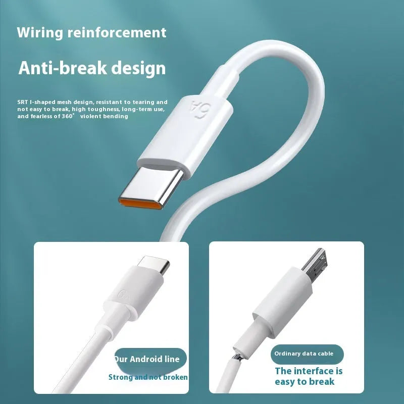 White 6A super fast charge data cable with Type-C connector, 1m length