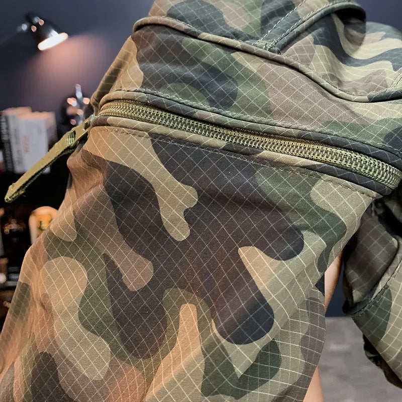 Man wearing loose-fit camouflage cargo shorts with multiple pockets, made from a cotton blend fabric.