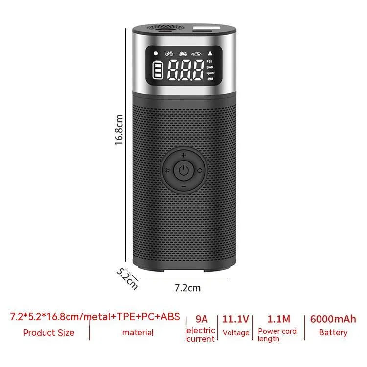 Black portable wireless car air pump with a digital display, inflation hose, and a set of nozzles on a black background.