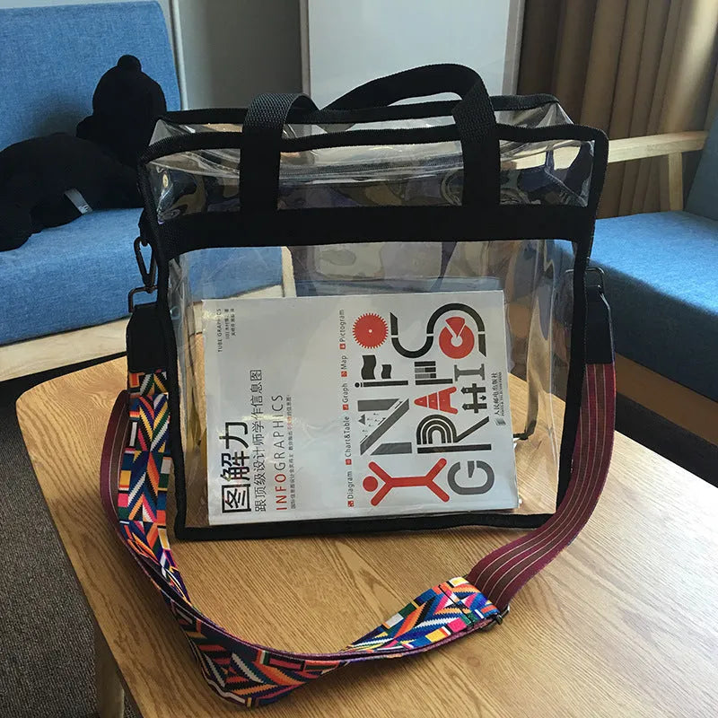Women's transparent PVC messenger bag showing three-dimensional pocket and crossbody shoulder straps
