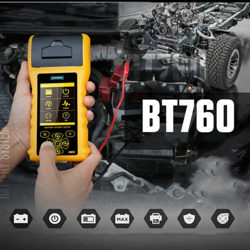 Autool BT760 vehicle battery tester with colour screen display and thermal printer for 12V 24V diagnostic testing