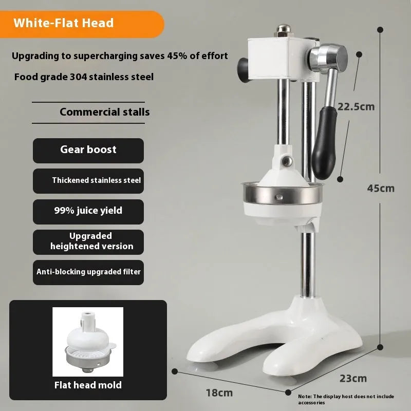 Vertical stainless steel manual juicer showing colour options and tip style variations