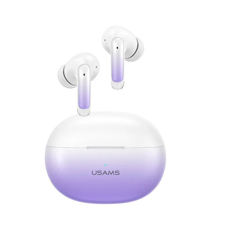 Wireless in-ear gaming headset in gradient blue colour showing earbud and charging case.