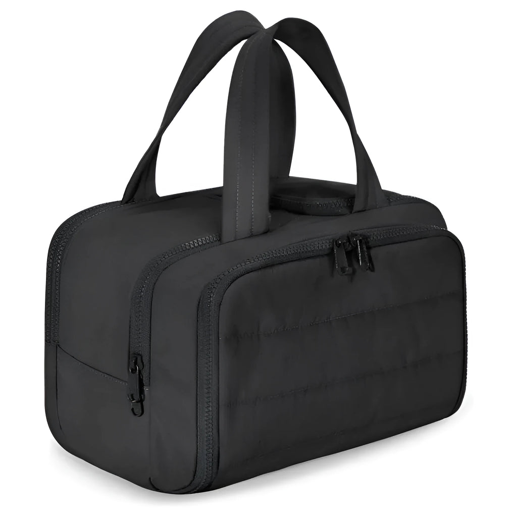 Large lightweight travel toiletry bag in polyester with wide-opening design measuring 29.97 x 18.54 x 21.08cm