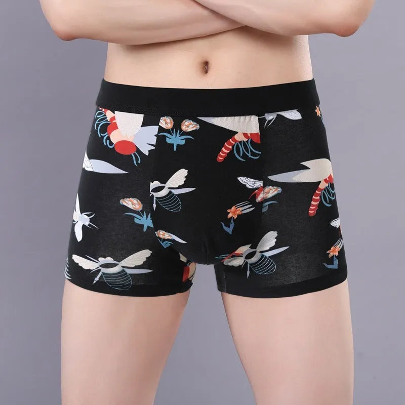 Men's cotton boxer underwear with U-shaped support in floral pattern colours including delicate rose