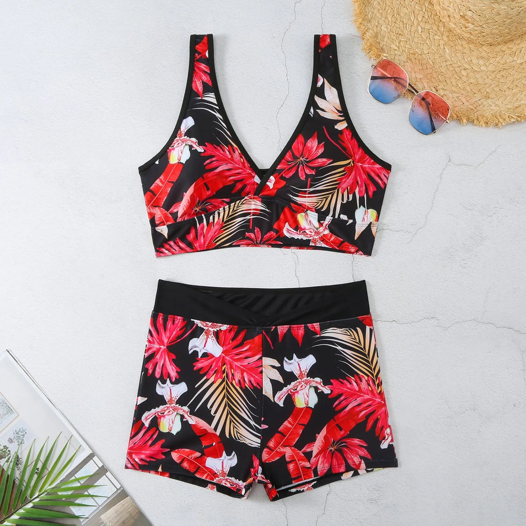 Women's two-piece printed swimsuit set with boxer briefs in multi-color design