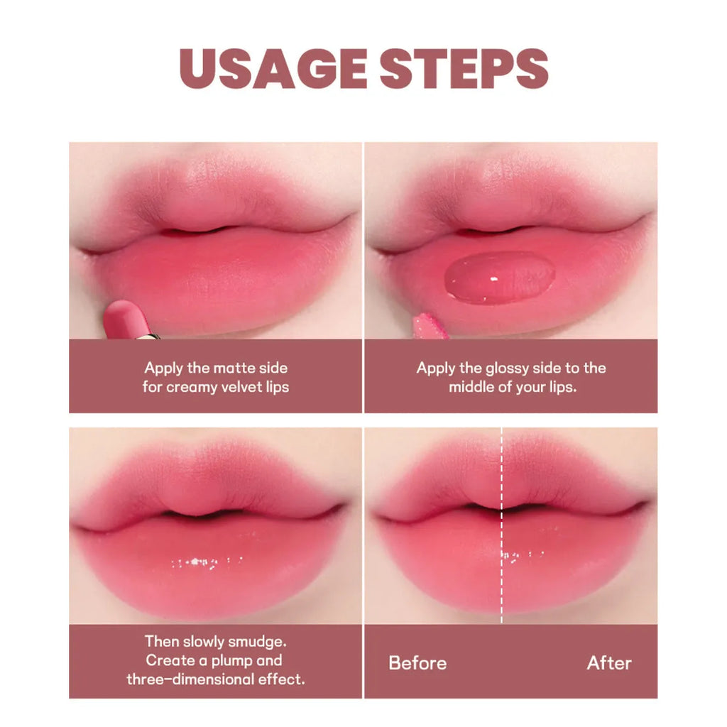 Double-headed lipstick lip gloss showing two matte colour ends with ten shade options from 01 to 10
