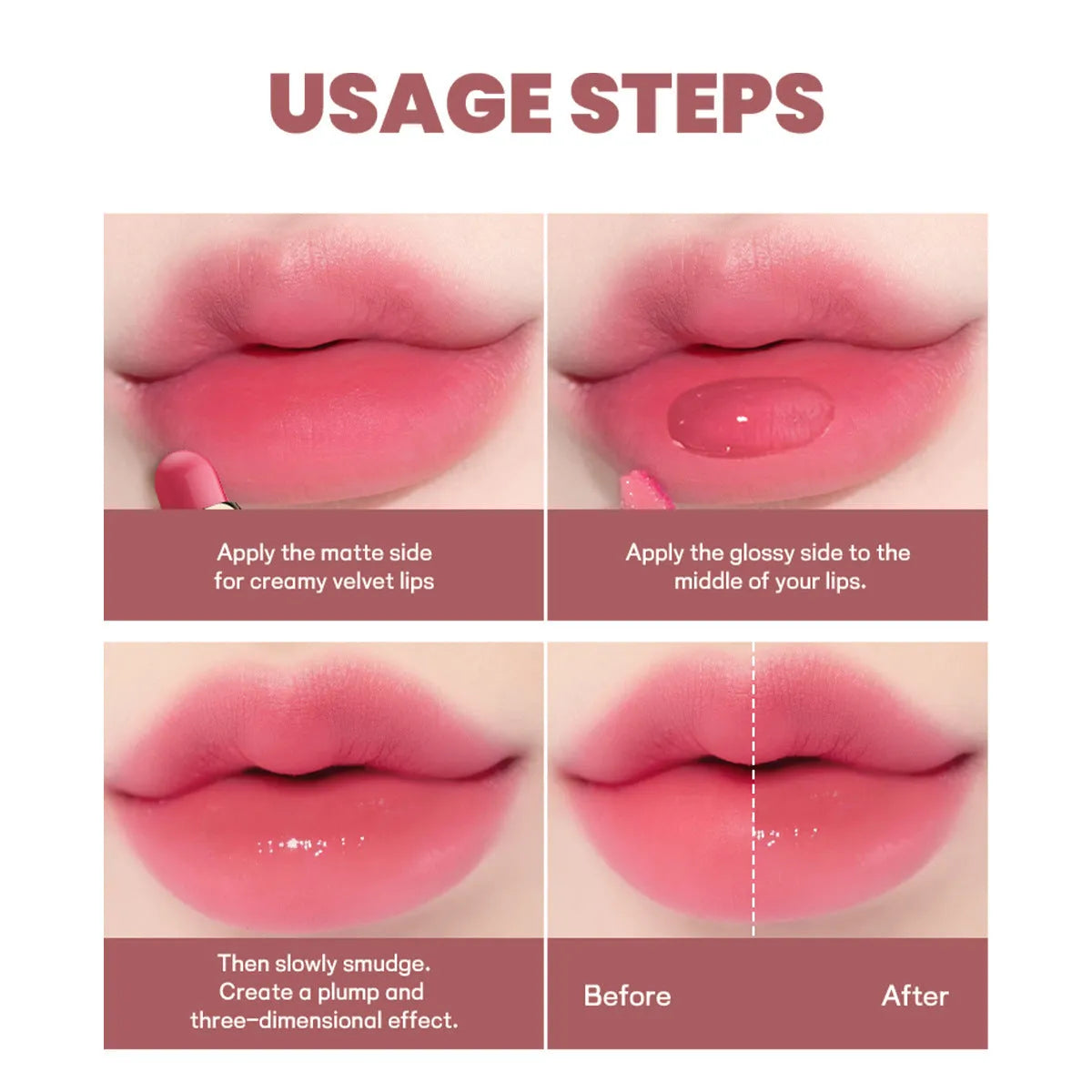 Double-headed lipstick lip gloss showing two matte colour ends with ten shade options from 01 to 10