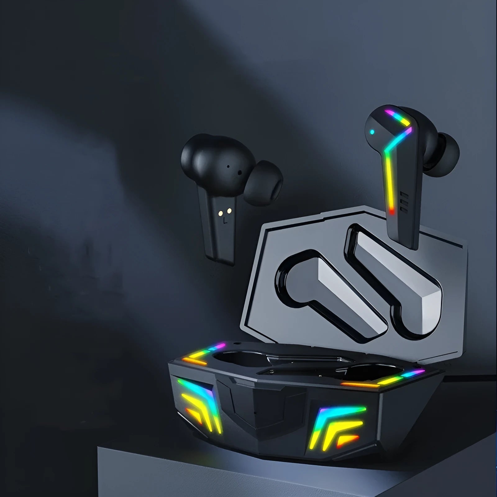 Black TWS Bluetooth gaming sports earbuds with low latency and 15-metre range