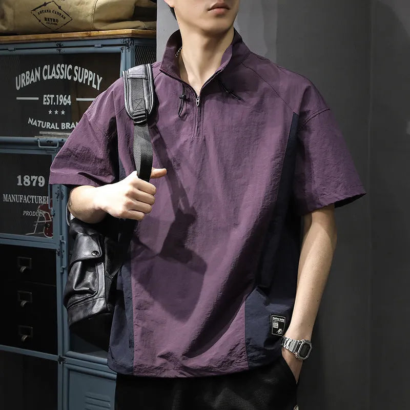 Men's brown half-zipped stand collar short sleeve casual shirt made from Ice Silk fabric.