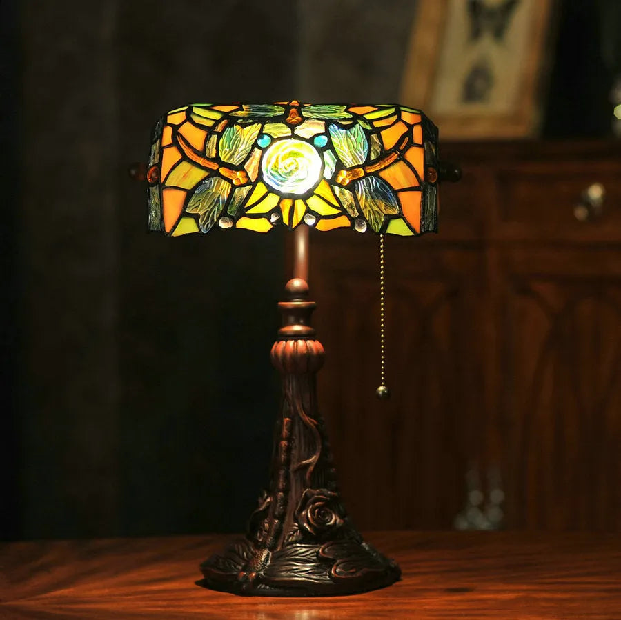 10-inch Tiffany table lamp with stained glass shade on resin base for study room decoration