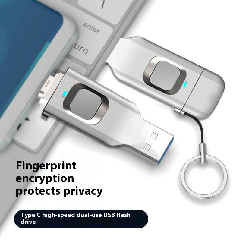 Black fingerprint USB flash drive with metal shell showing USB 3.0 and Type-C interfaces