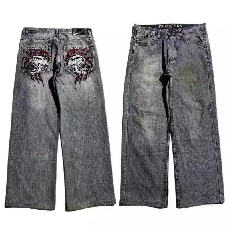 Grey washed-out wide-leg straight jeans on a mid-waist mannequin, showing zipper fly and relaxed fit.