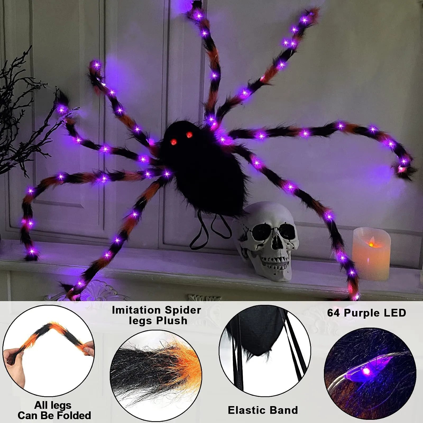 Halloween spider plush backpack with LED lights in orange purple colour, showing glow effect and backpack straps