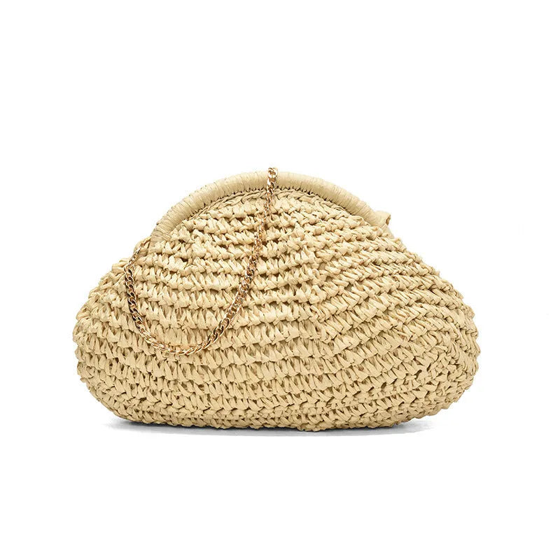 Women's straw beach bag with chain trim in khaki colour, showing shell shape and shoulder strap