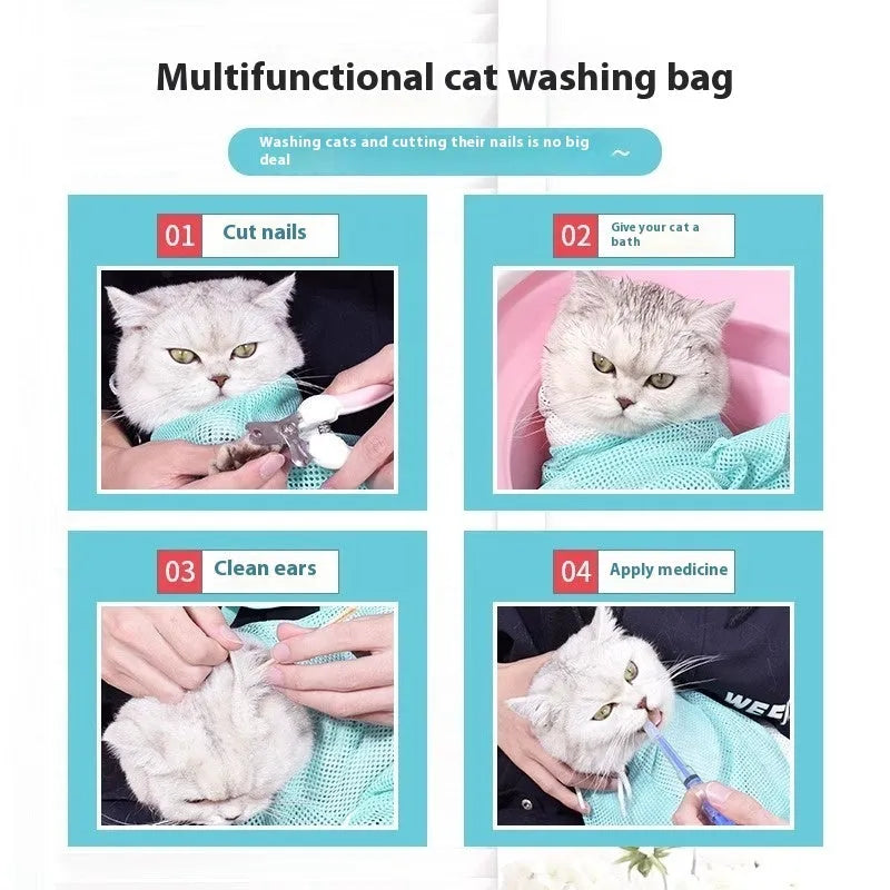 Upgraded 5th generation cat grooming bag in pink and white with integrated nail scissors.