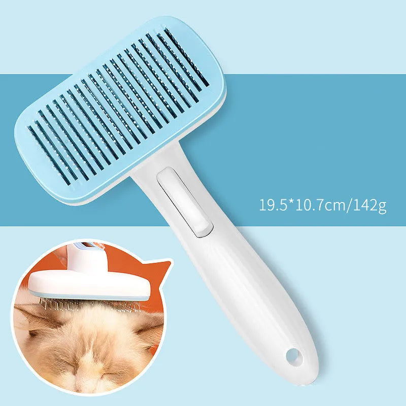 Automatic pet hair removal comb for dogs and cats showing colour options and dimensions