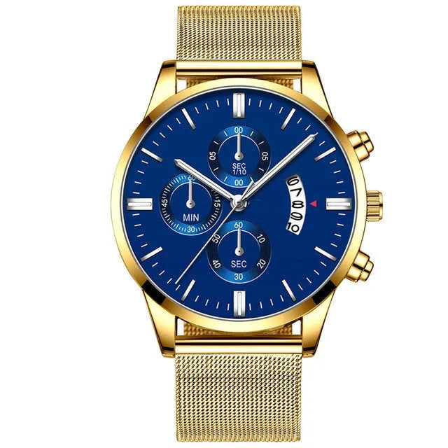 Men's stainless steel mesh band quartz watch showing analogue dial and choice of colour finishes.