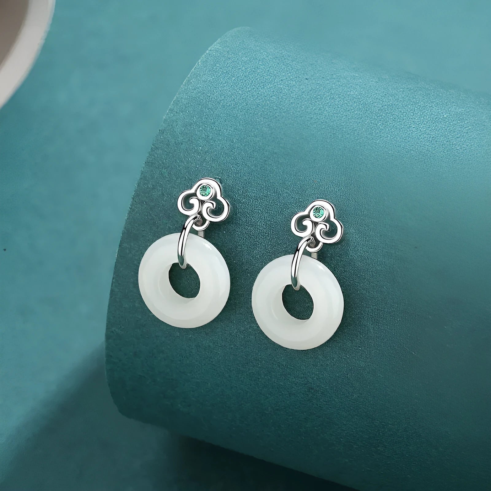 Chinese Ruyi safety buckle earrings in S925 sterling silver with natural Hetian jade, geometric national fashion style