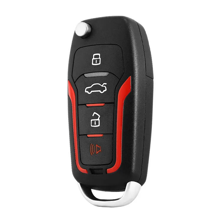 Red and frosted black one-way remote control car alarm system with two remotes for vehicle security.