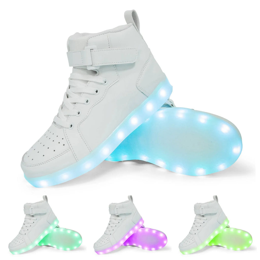 LED high-top light shoes with Velcro closure showing illuminated sole and available colour options
