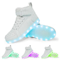 LED high-top light shoes with Velcro closure showing illuminated sole and available colour options