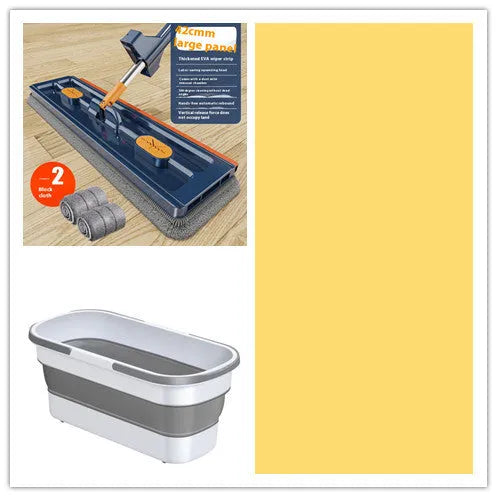 Large flat mop with long stainless steel handle and blue/white cloths on a hard floor.