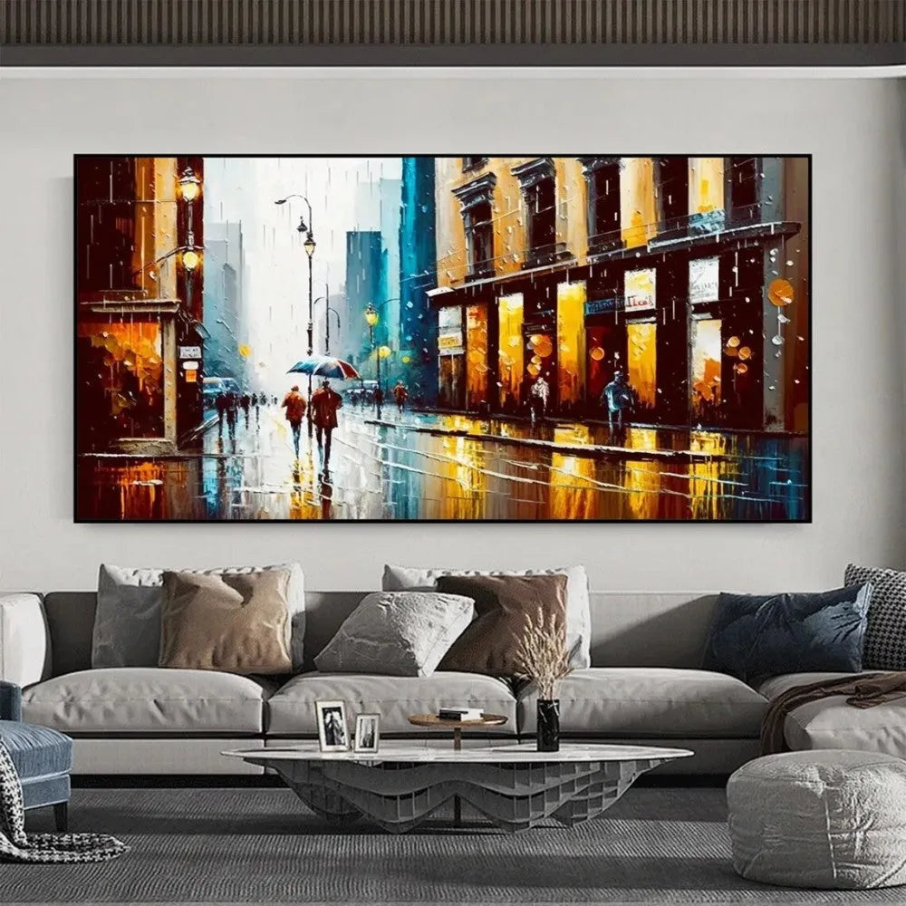 Handmade oil painting canvas wall art, modern abstract urban architectural street scene, horizontal rolled frameless unstretched painting