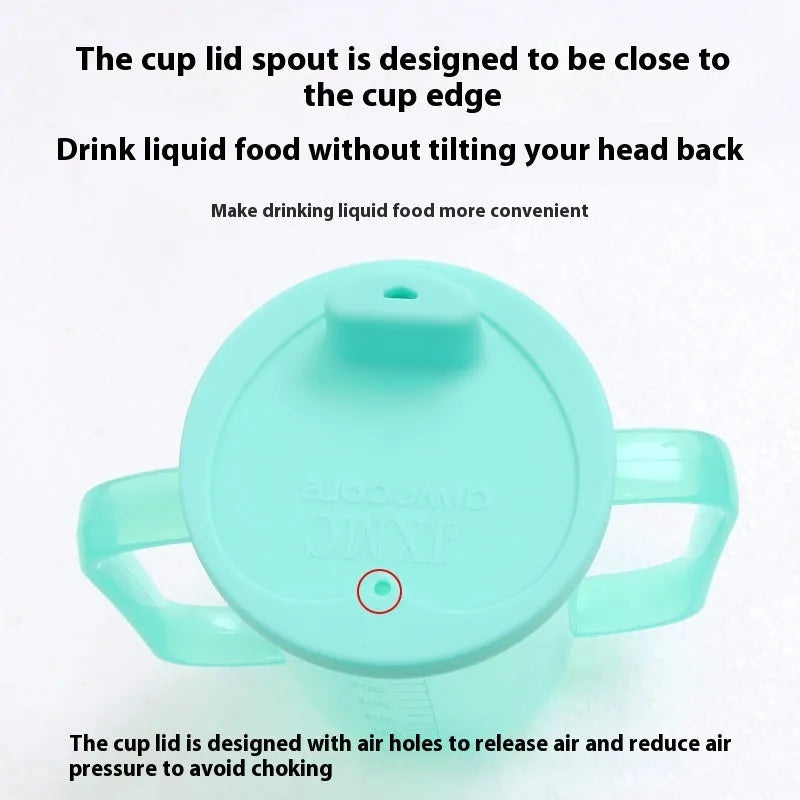 Oblique mouth choke-proof drinking cup with lid and handle, showing optional wrist splint attachment