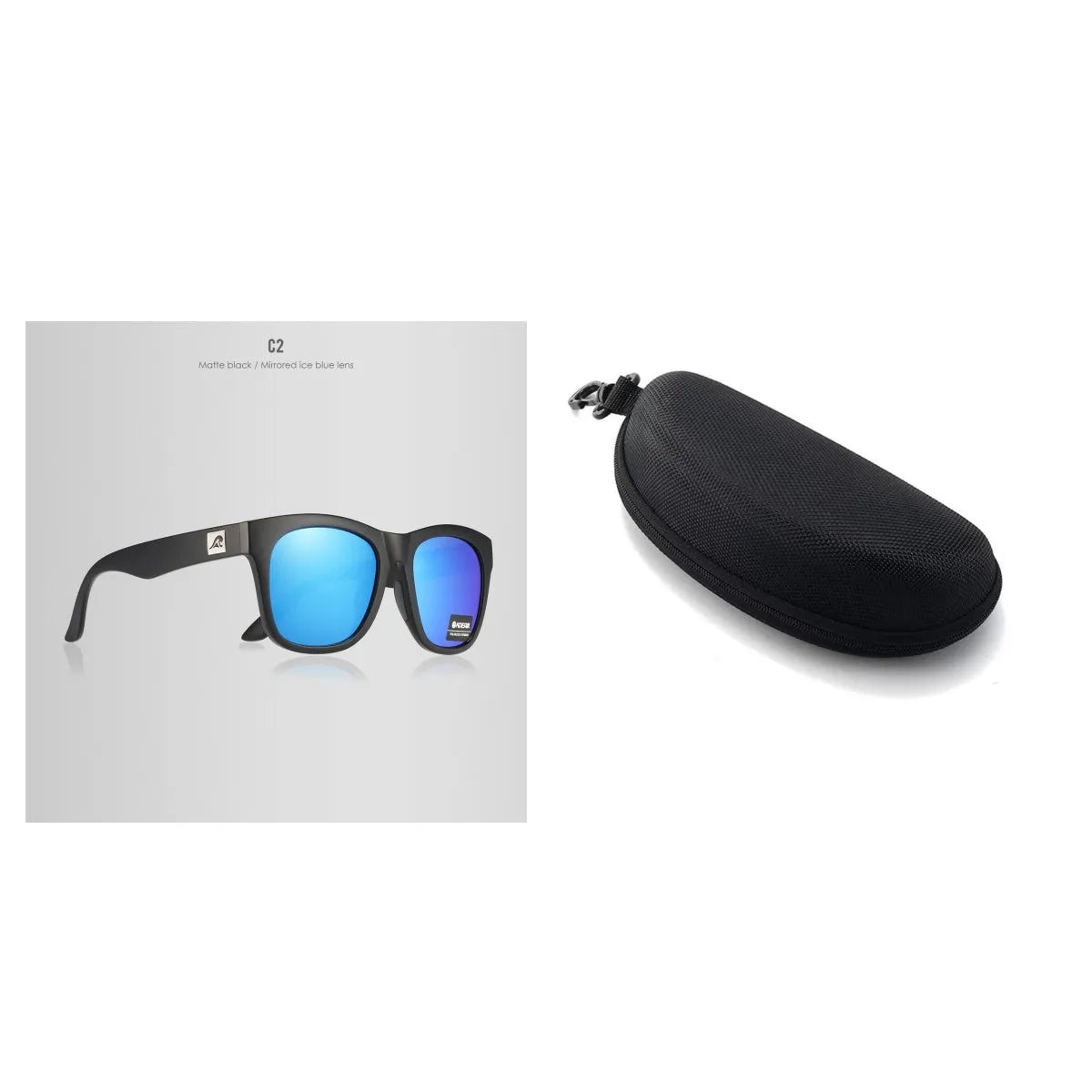 Polarised sunglasses with TAC lenses and PC frame for UV protection during outdoor activities.