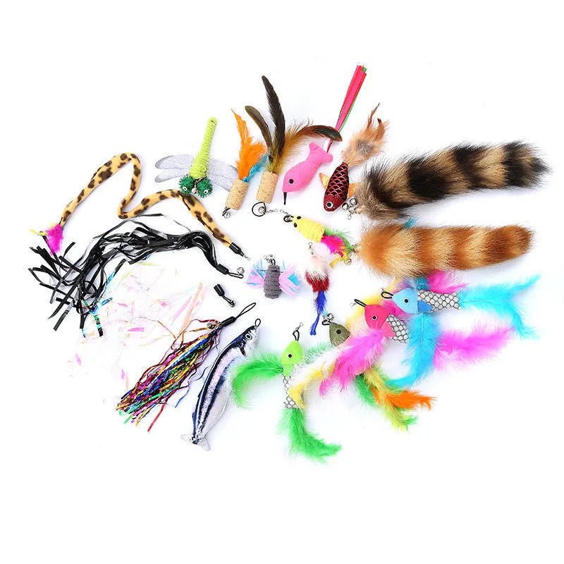 Cat teasing pole set with two handheld poles and ten feather replacement heads