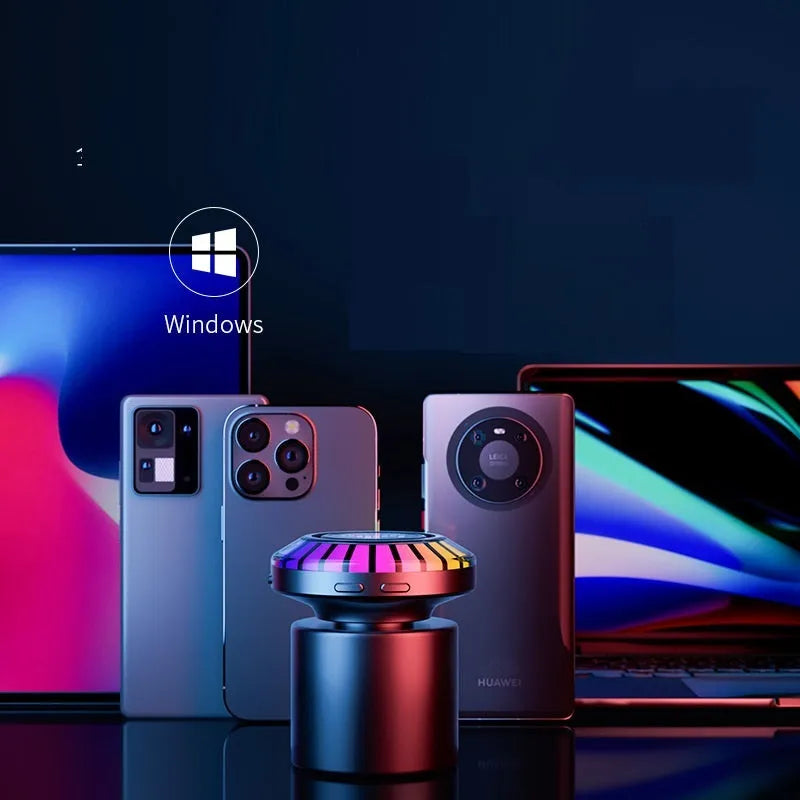 Small cube-shaped Bluetooth atmosphere lamp with colourful polar light display on a wooden surface