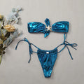Women's glossy sapphire blue tube top split bikini with long sleeves and briefs bottom.