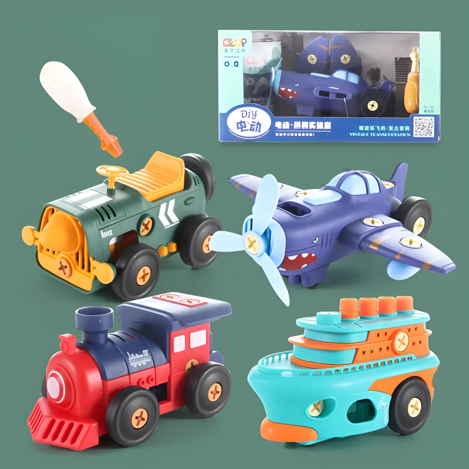 Plastic screw assembly toy vehicles for children aged 4-6, including plane, ship, car, and train with screwdriver and instructions