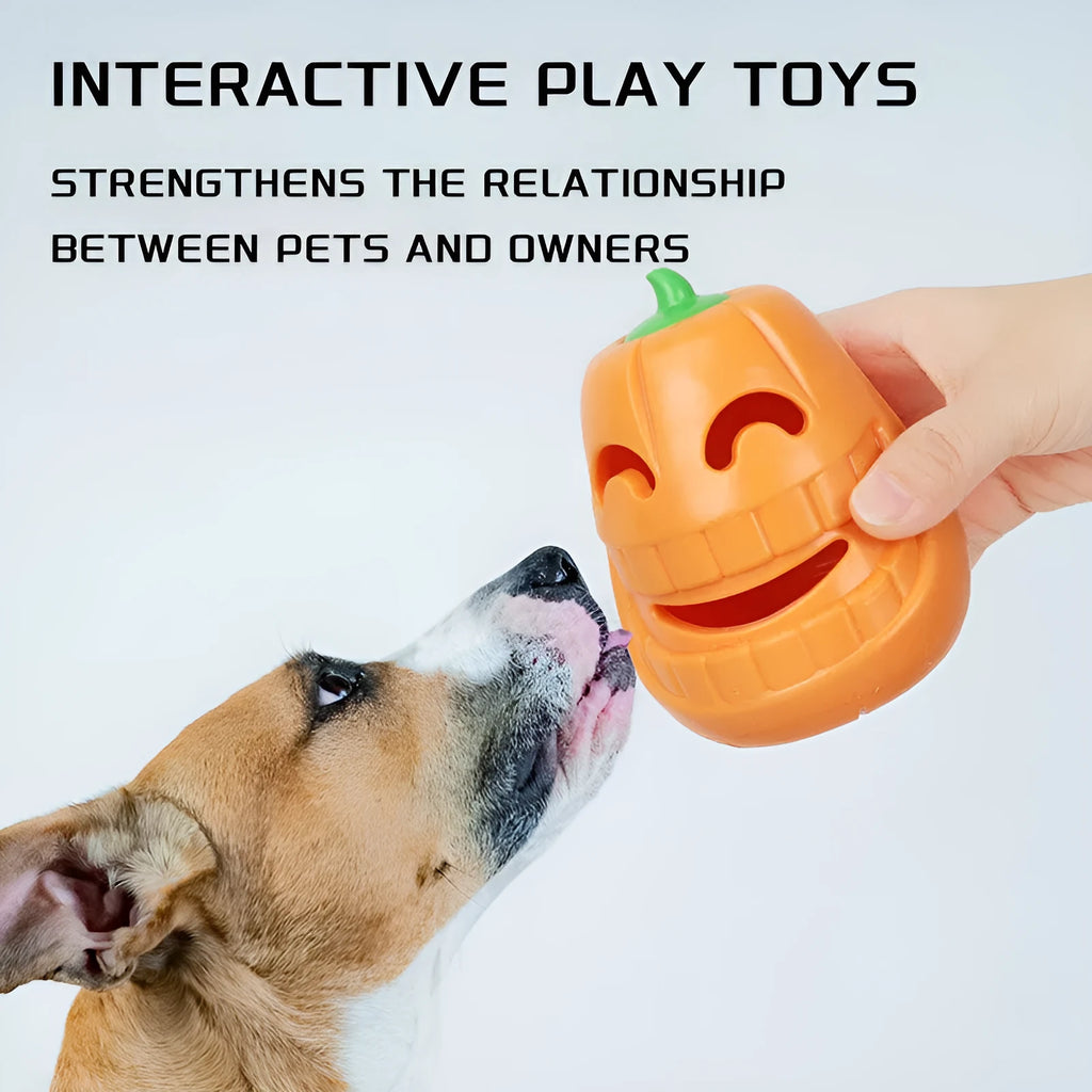 Orange pumpkin shaped interactive dog chew toy with treat dispensing funnel