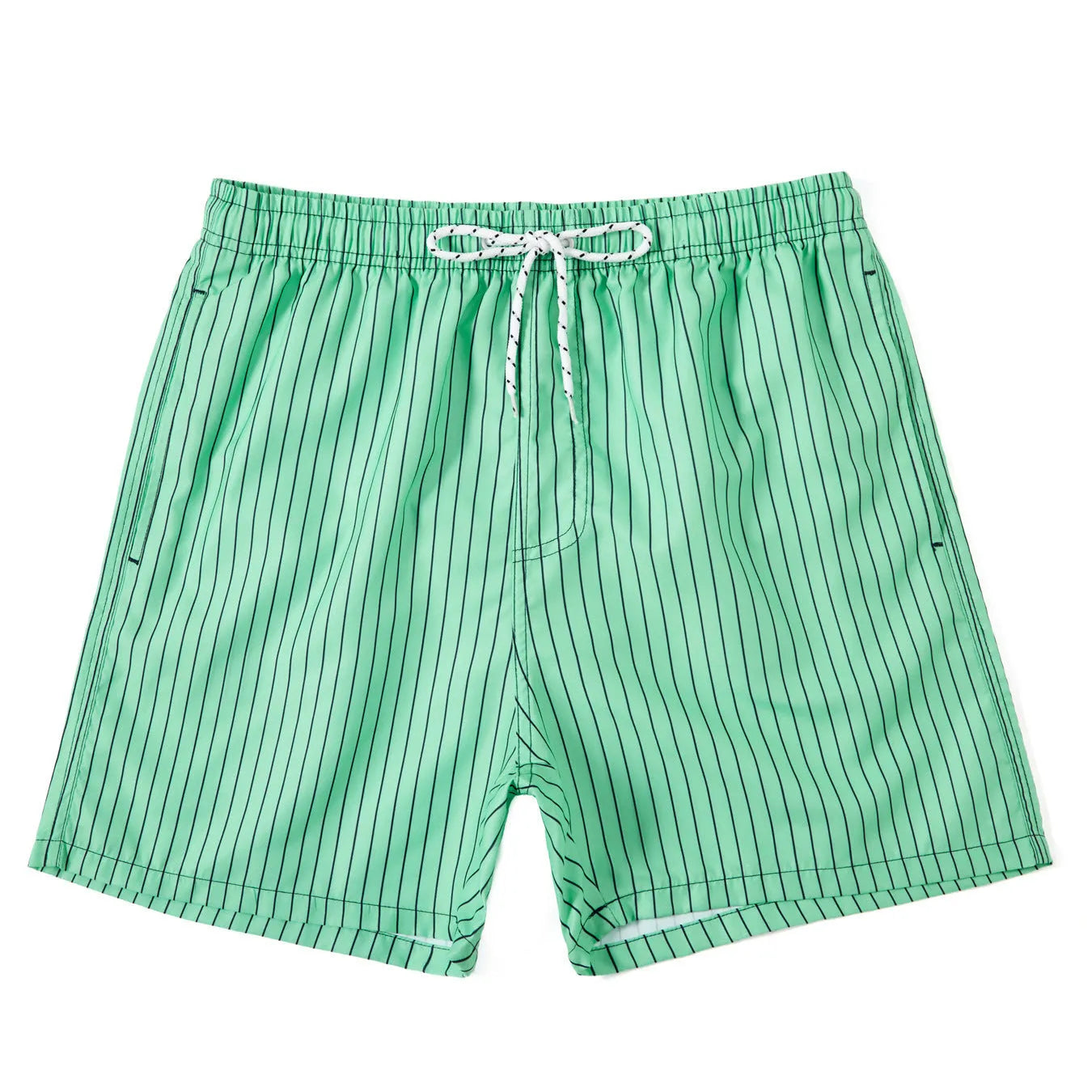 Men's striped polyester beach shorts in light blue with straight leg cut