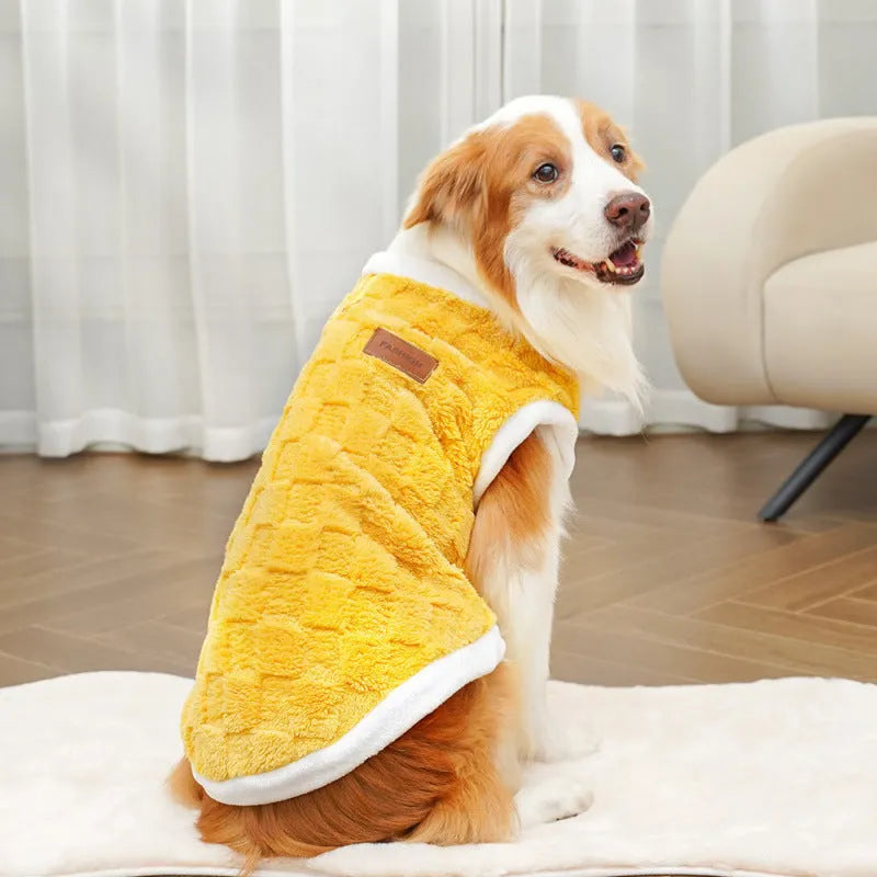 Pet autumn winter cotton clothes coral fleece jacket in brown square grid with leather tag, side view