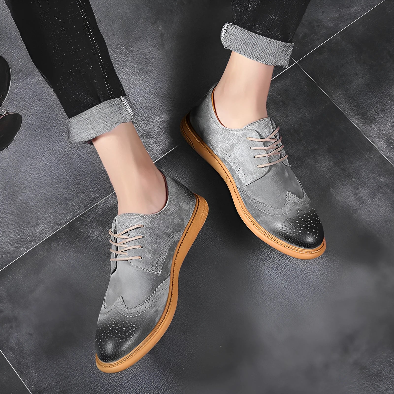 Men's black genuine leather business shoes with lace-up design and rubber soles