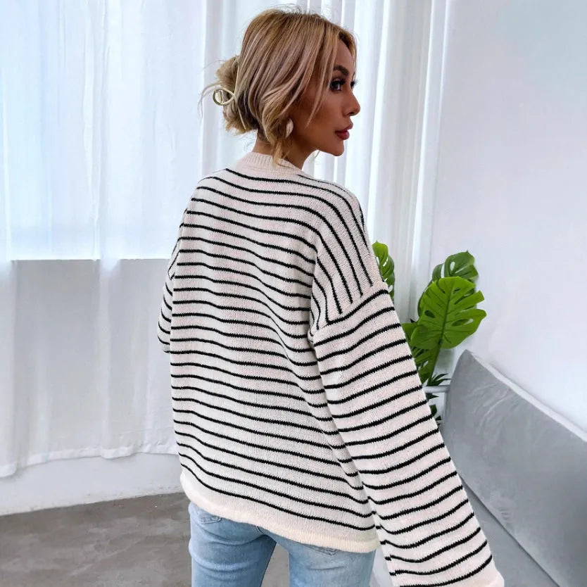 Women's black striped knitted top with contrast colour and drop-shoulder sleeves