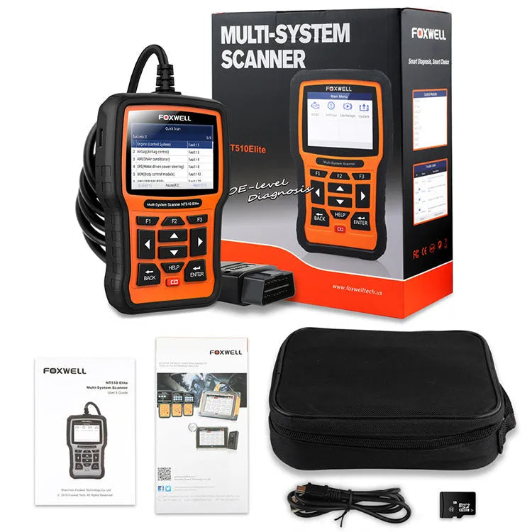 Foxwell NT510 orange and black automotive OBD2 diagnostic scanner with data cable