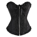 Women's black jacquard spandex corset top with a front zip closure for waist support.