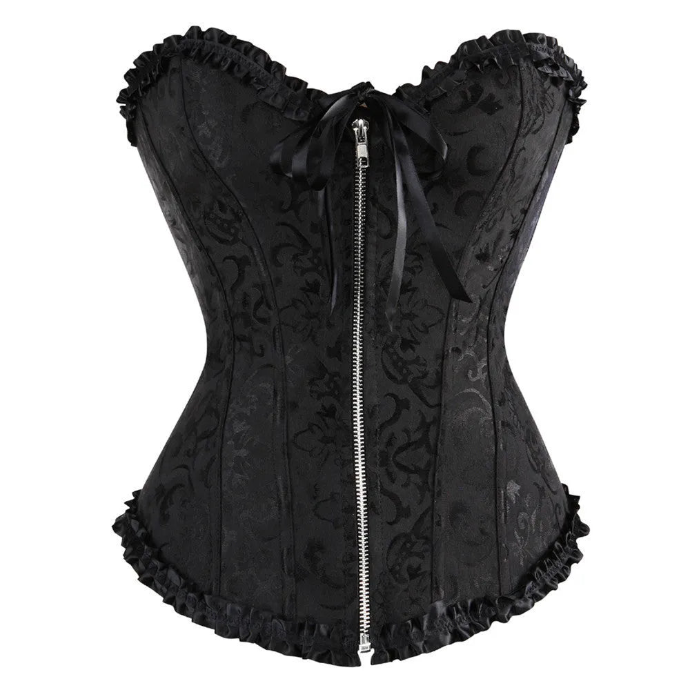 Women's black jacquard spandex corset top with a front zip closure for waist support.