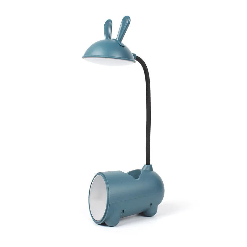 Cartoon-style USB desk lamp with pen container in green, dark blue or pink colour options