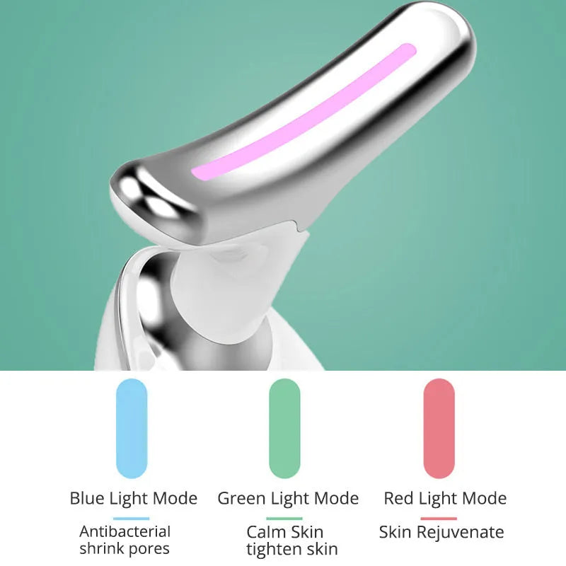 White handheld EMS thermal neck massager with LED lights on a black background.