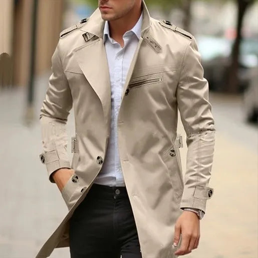 Men's lapel-style casual jacket in army green, shown mid-length with side seam pockets.