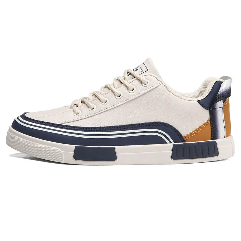 Men's casual canvas shoes with mesh panels in beige, white and green colours, flat heel design