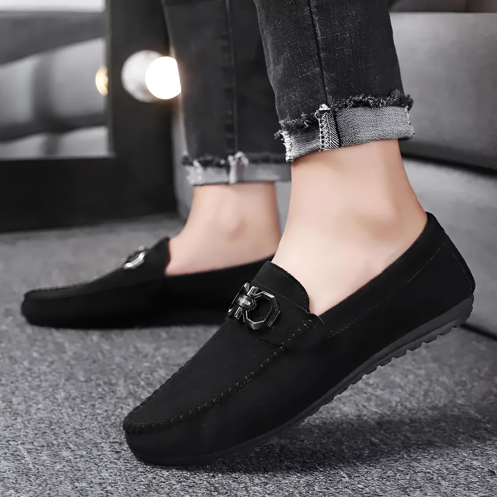 Men's black and grey suede casual shoes with breathable design and rubber soles
