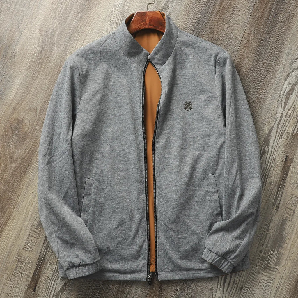 Men's stand collar casual jacket in army green with a simple design and regular sleeves.