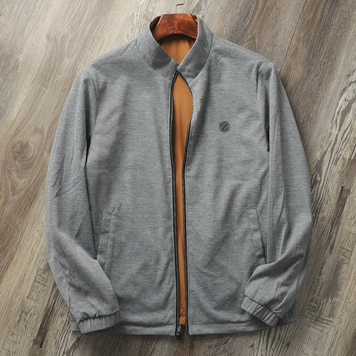 Men's stand collar casual jacket in army green with a simple design and regular sleeves.