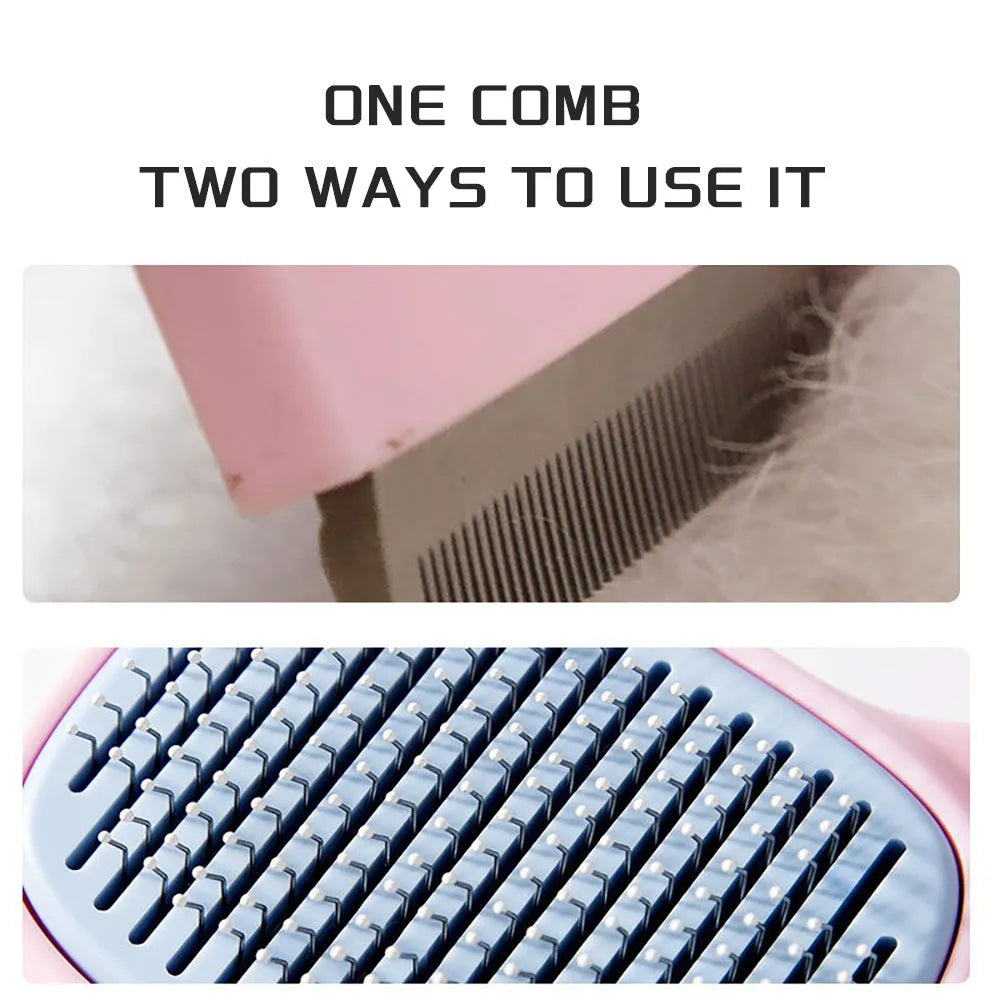 Blue double-sided pet grooming brush showing deshedding rake and dematting comb on a 195mm long handle.
